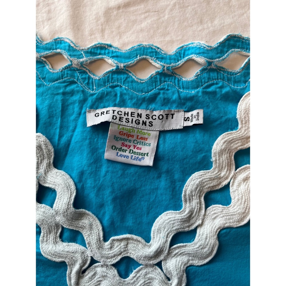Gretchen Scott Designs Turquoise Blue Crochet Trim V Neck Tunic Top S‎ - Picture 5 of 8